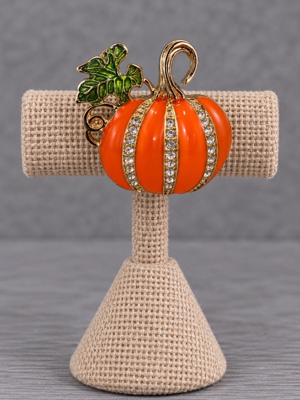 Decorative Pumpkin Brooch Pin in Orange with Green Leaf And Rhinestone Accents